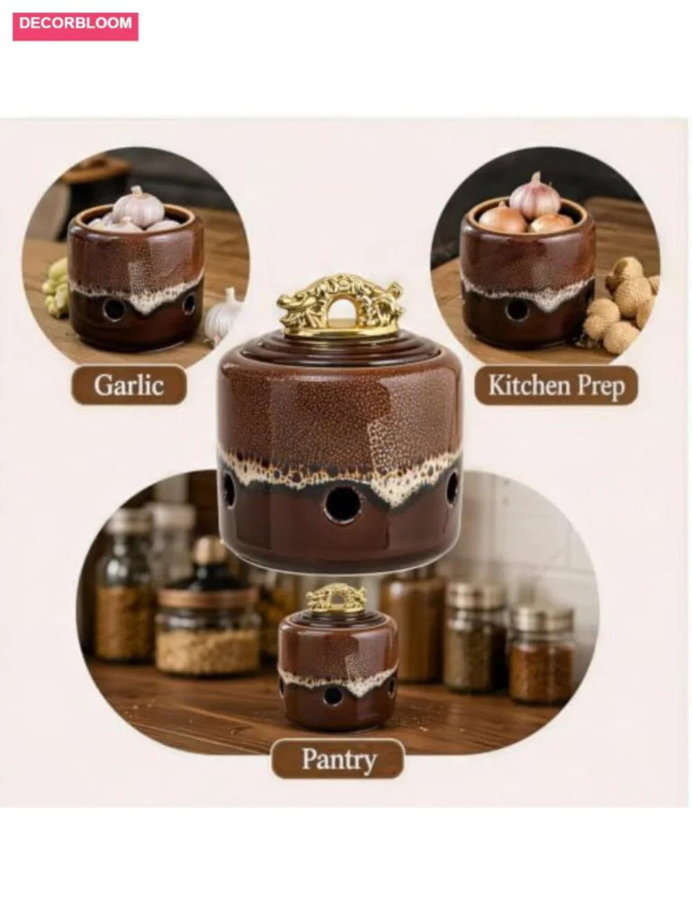 Ceramic Garlic Keeper with Lid, Breathable Kitchen Counter Storage